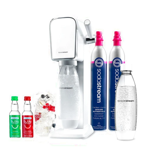 SodaStream Art Sparkling Water Maker Bundle (White), with CO2, DWS Bottles, and Bubly Drops Flavors