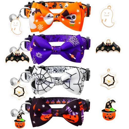 LLHK 4 Pack Halloween Cat Collar with Bow Tie and Bell,Breakaway Kitten Collar for Girl Boy Cats,Adjustable 7-12inch,for Kitty Kitten Adult Cats,Pet Supplies…