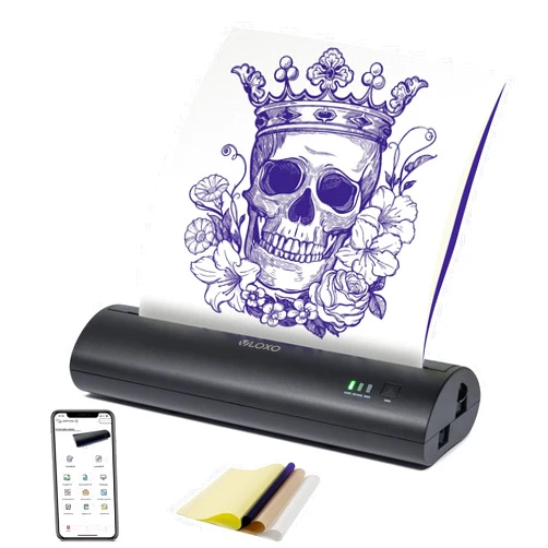 VLOXO Cordless Tattoo Stencil Printer, Portable Tattoo Thermal Transfer Copier Rechargeable Tattoo Printer Compatible with iOS & Android Phone with 10pcs Tattoo Stencil Paper