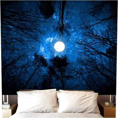 Algasan Forest Galaxy Starry Tapestry, Starry Night Sky Moon Stars Ceiling Tapestry Blue Space with Trees Nature Tapestries Wall Hanging for Bedroom Dorm Living Room (51