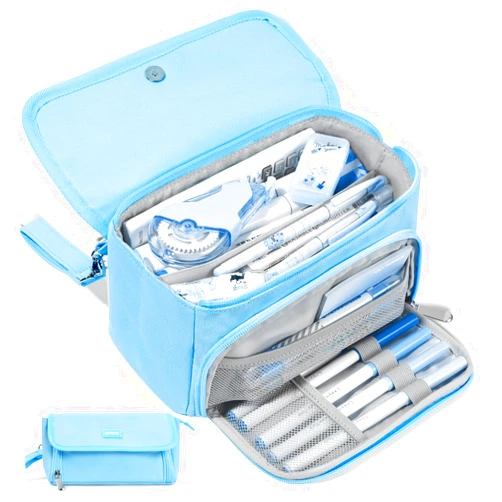 Sooez Super Large Pencil Case, Big Capacity Pencil Bag with 3 Compartments, can hold 100 pencils, Cute Pencil Pouch with Zipper, Portable Stationery Pen Bag, School Supplies For Teen Girls, Sky Blue