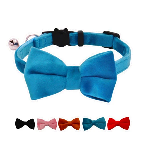 WDPAWS Cat Collar Breakaway with Bell and Removable Bow Tie Safety Buckle Velvet Adjustable 7-11 inches for Kitten Cats (Blue)