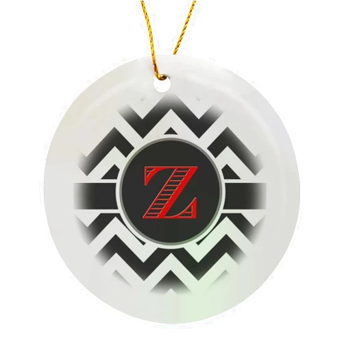 3dRose Circle Porcelain Ornament - Black and White Chevron Monogram red Initial Z Designs