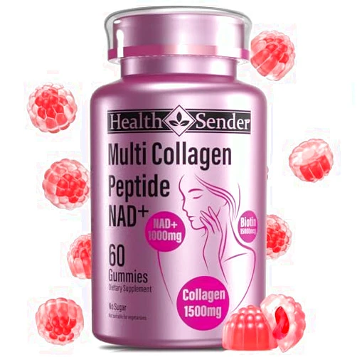 HealthSender Collagen Gummies-Collagen for Women Men with 1500 mg Collagen Peptides Type I,II,III,V,X, 1000mg NAD, 15000 mcg Biotin, Daily Collagen Supplement Protein Gummies for Hair Skin Nails, Sugar Free