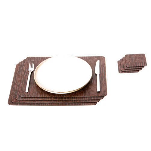 Nikalaz Set of 4 Placemats and 4 Coasters Made of Recycled Leather (18''x13'', Crocodile Embossing)