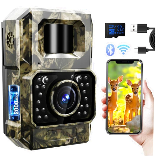MAXDONE Trail Camera Bluetooth Game Camera, 2000mAh Built-in Battery Rechargeable Power Hunting Cameras with Night Vision Trail Cam Bluetooth 48MP Wildlife Camera Wi-Fi Deer Camera (No Screen)
