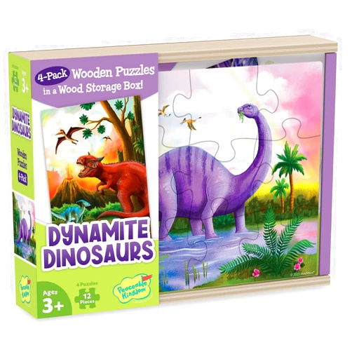 Peaceable Kingdom Dynamite Dinosaurs 4-in-1 Wooden Jigsaw Puzzles in a Wooden Storage Box, Dinosaur Puzzle, Educational Girls Boys (48 Pieces Total)