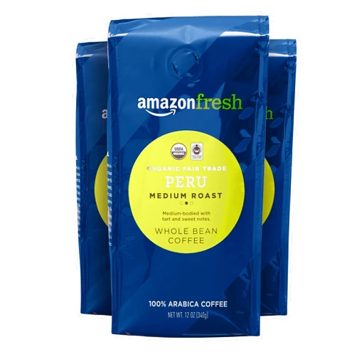 Amazon Fresh Organic Fair Trade Peru Whole Bean Coffee, Medium Roast, 12 Ounce (Pack of 3)