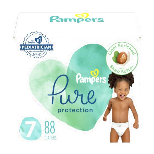 Pampers Baby Diapers - Pure Protection - Size 7, 88 Count, for up to 100% Leakproof, Premium Plant-based Skin Protection