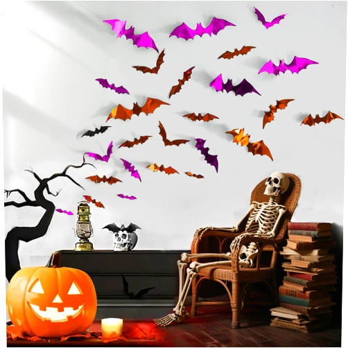 Vitery 72pcs Halloween Bats Decorations Outdoor Indoor, Halloween Party Supplies, 3D Bat Stickers for Wall Window Home Kitchen Scary Decor (4 Sizes, 3 Colors)