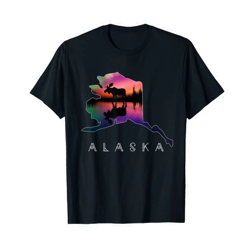 Alaska Day Moose Silhouette Shirts & Gifts Alaskan Moose Aurora Borealis Alaska State & Landscape T-Shirt