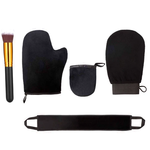 Boao 5 Pieces Self Tanning Mitt Applicator Kit, Includes Exfoliating Glove, Tanning Mitt, Mini Face Mitt, Back Lotion Applicator with Self Tanner Brush Large Flat Top Makeup Brush (Black)
