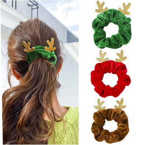 QDTK 3PCS Christmas Hair Scrunchies Silk Christmas Hair Ties Elastic with Christmas Elk Antler Soft Elastic Hair Bands Red Green Hair Ties Red Green Brown Ponytail Holders for Women Girls
