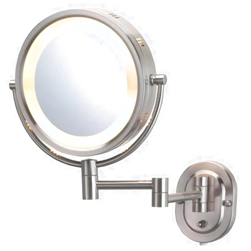 JERDON Two-Sided Wall-Mounted Makeup Mirror with Halo Lighting - Lighted Makeup Mirror with 5X Magnification & Wall-Mount Arm - Plug in Round Mirror with Nickel Finish Wall Mount - Model HL65N