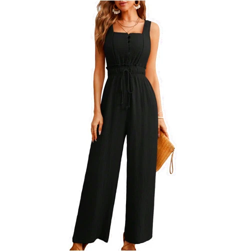 MakeMeChic Women's Sleeveless Square Neck Jumpsuit Button Front Drawstring Waist Wide Leg Romper Playsuit