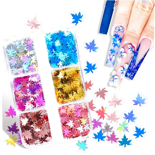 LYLYNB Maple Leaf Nail Glitter 6 Grids Fall Nail Sequins Thanksgiving Holographic Nail Art Sequins 3D Laser Nail Glitter Flakes Fall Leaves Nail Confetti for Women Nail Art Supplies DIY Nail Decorations