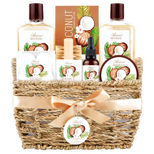 ArioseMonde Bath & Shower Spa Basket Gift Set, Coconut Scent, with Shower Gel, Bubble Bath,Body Lotion, Bath Bomb,Bath Salt, Bath and Body Gift Box for Women