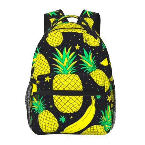 WUXEKZO Rucksack Polyester Anti-Theft Multipurpose Pineapple Banana Yellow Pattern Carry On Bag Large Capacity Travel and Sport Backpack Rucksack With Smooth Zippers