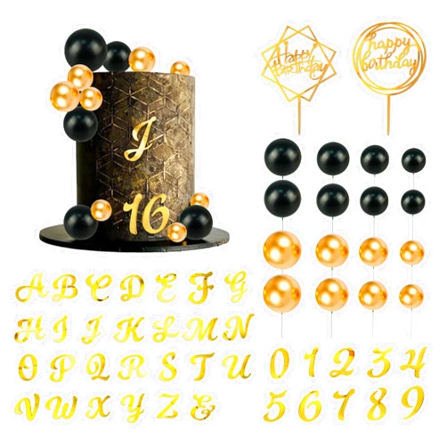 DRWATE Gold Acrylic Alphabet Number Cake Topper DIY Personalized Name Cupcake Toppers with Balls Happy Birthday Sets for Custom Wedding Cake Decorations Party Supplies (Style1, Uppercase)