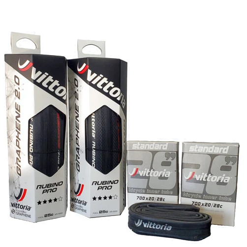 Vittoria Rubino Pro IV Graphene 2.0 Tire Set with Inner Tubes - Includes 2 Performance Road Bike Tires (700x25c) Plus 2 Standard Tubes (700X20/28 48mm) - Foldable Bicycle Tire Set (Full Black)