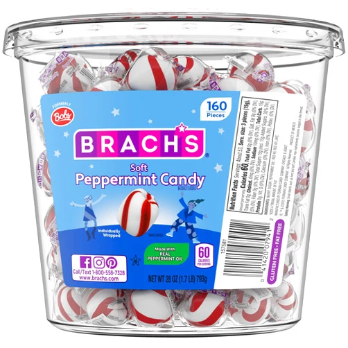 Brach's Bobs Sweet Stripes Soft Peppermint Candy, 160 Individually-Wrapped Pieces, 28 Ounce Jar