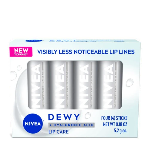 NIVEA Dewy Lip Balm with Hyaluronic Acid, Leaves Visibly Less Noticeable Lip Lines and No Waxy Feel, 0.18 Oz, Pack of 4