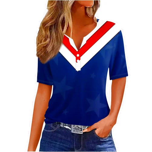 Wanvekey 4th of July Shirts Women Short Sleeve Button Up V Neck American Flag Shirt Summer Regular Fit Patriotic Shirts