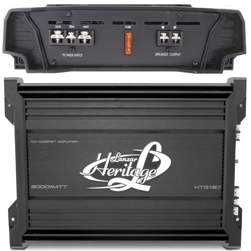Lanzar 1 Channel Car Audio Amplifier, Monoblock, 3,000 Watt Peak, 2 Ohm, MOSFET, Nickel Plated RCA Input, Bass Boost Circuit, Electronic Crossover Network, Power Protection LEDs - HTG157