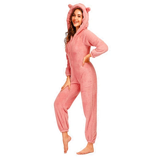 chouyatou Women's Ultra Comfy Lounge Furry Sherpa Romper Onesie Pajamas Cute Ear Hood