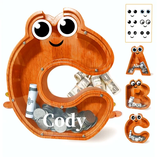 JioeGirt Wooden Piggy Bank, Personalized Letters Coin Bank Piggy Bank(9.1in, Laser Engraving), Money Box Wooden Piggy Bank ​Gift for Kids, Christmas Birthday Gift Home Decoration. (C, Custom)