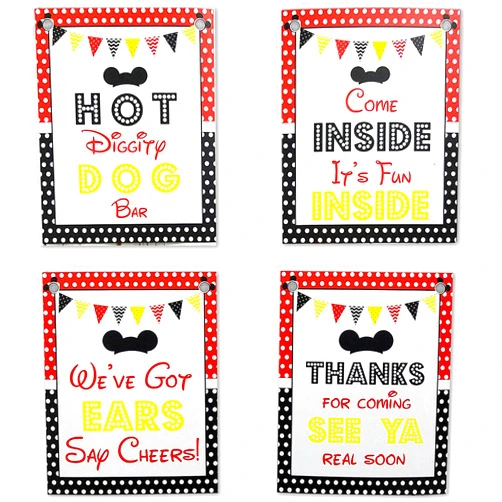 Orangedolly Mickey Party Sign Set of 4-8 x 10 inch Mickey Mouse Party Supplies Birthday Sign Printed in Card stock | Mickey Mouse Clubhouse Inspired Door Signs | Food Labels Disney Sign Hot Dog Bar Decor