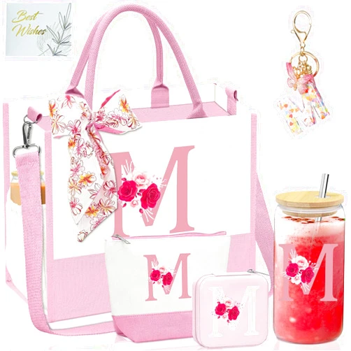 AiHeart Monogrammed Gifts for Women,Personalized Gift for Women,Initial Canvas Tote Bag,16oz Initial Glass Cup,Initial Makeup Bag,Initial Jewelry Organizer Box,Birthday Gifts for Aunt Niece-M