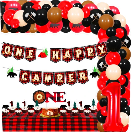 Kreatwow Lumberjack 1st Birthday Party Supplies Buffalo Plaid One Happy Camper Banner Black Red Balloon Garland Buffalo Plaid One Cake Toppers Tablecloth for Lumberjack Wild Birthday Decorations