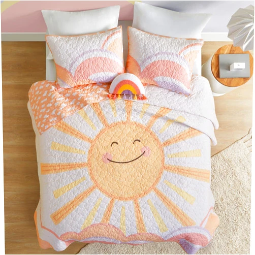 Urban Habitat Kids Twin Quilt Bedding Set Twin Coverlet Cotton Coverlet Sun Girls Twin Bedding Set Rainbow & Clouds Reversible Dawn Light & Breathable Sham Throw Pillow Twin Yellow/Coral 3 Piece