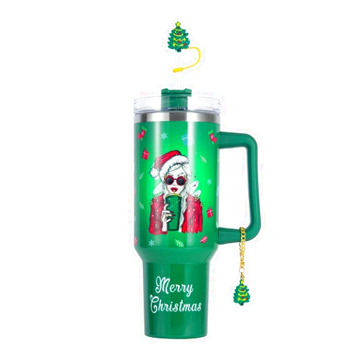 JOYOFUN Christmas Insulated Tumbler with Lid Handle Straw，40 oz Xmas Stainless Steel Double Wall Water Bottle Vacuum Travel Mug Coffee Cup Merry Christmas Gifts Ideas for Women Friend Wife(Green)