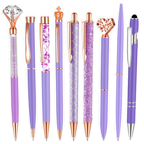Janmini 9 Pcs Ballpoint Pens Set Metal Crystal Diamond Glitter Pens for Journaling Black Ink Pretty Cute Things Fancy Stationery Gifts for Women Girls Birthday Home Office Desk(Purple)