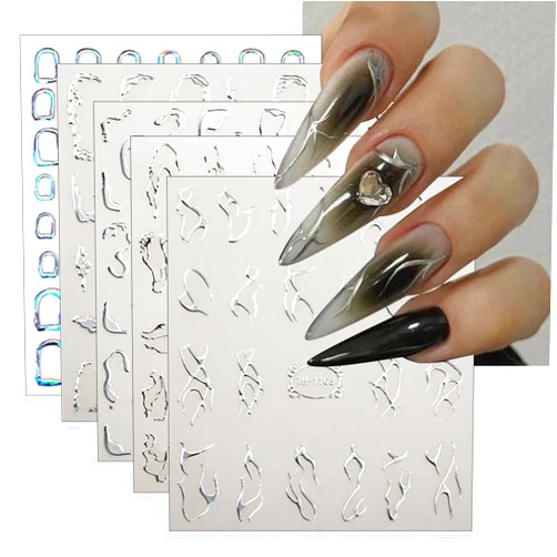KEHKFSEF 5 Sheets Lines Nail Art Stickers Decals Silver Stripe Line Nail Decals 3D Self-Adhesive Abstract Marble Wave Designs Holographic Irregular Line Nail Art Decorations for Women DIY Nail Art Supplies