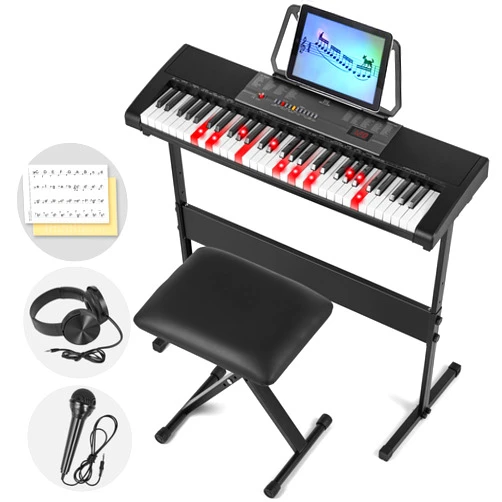 MUSTAR Piano Keyboard with Lighted Up Keys, Learning Keyboard Piano 61 Keys for Beginners, MEKS-700 Electric Piano Keyboard with Bench, Stand, Headphones, Microphone, Note Stickers, Built-in Speakers