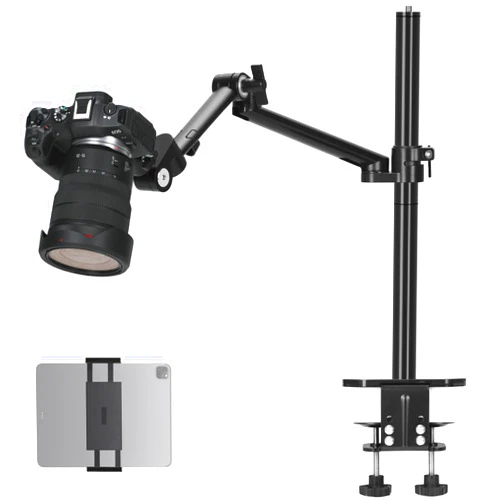 TARION Camera Arm Desk Mount: Heavy Duty DSLR Desktop Mount Camera Stand with Tablet Holder Double C Clamp 1/4 3/8 Screw Adapter Articulating Arm for Selfie Streaming Videography TitanRig Lite Z