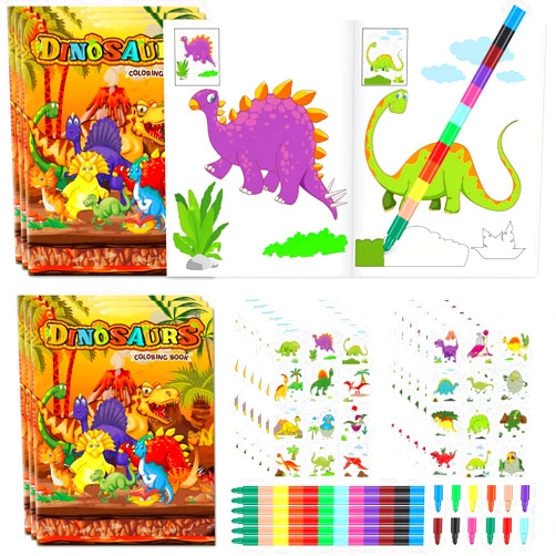 RUMIA 6Pcs Dinosaur Coloring Book Party Favors 11.02''X8.26'' Dino Painting Drawing Book with Colorful Crayons Dinosaur Stickers for Dino Birthday Party Goodie Bag Gift Stuffer Creative Activity Supplies