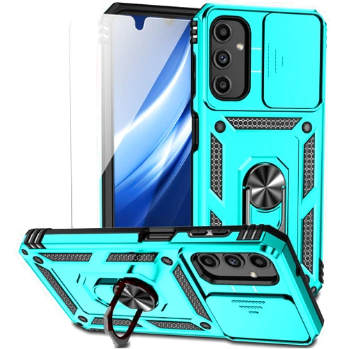 M MAIKEZI for Samsung Galaxy A25 5G Case with Camera Lens Cover HD Screen Protector, Dual Layer Military-Grade Drop Tested Magnetic Ring Holder Kickstand Protective Phone Case for Galaxy A25 5G 2024 (Mint)