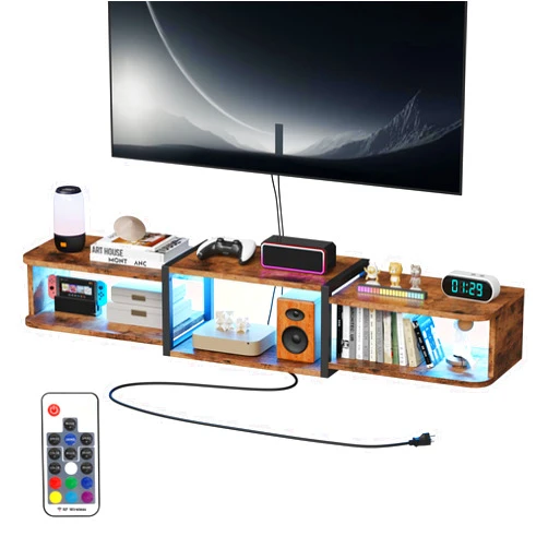 Qupui 47.2'' Wall-Mounted Floating TV Stand with LED Lighting, Modern Wooden Media Shelf Featuring Built-in USB Ports and Electrical Outlets. Under-TV Storage for Living Room, Bedroom, Brown