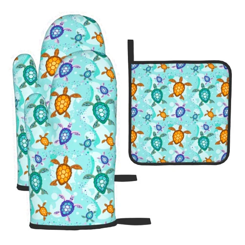 TNOKKU Cute Sea Turtle Beach Oven Mitts and Pot Holders Set Ocean Themed Decorative Heat Resistant Microwave Oven Gloves for BBQ Baking Grilling Cooks Kitchen Decor 3 Piece
