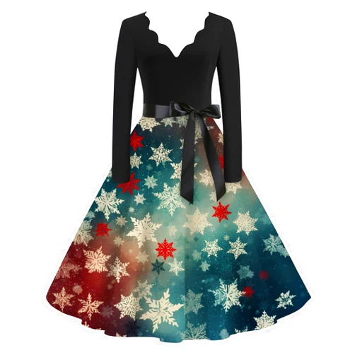 AMXYFBK Christmas Dresses for Women V Neck Long Sleeve A-Line Xmas Dress 2024 Fashion Retro 1950S Flare Dresses with Belt