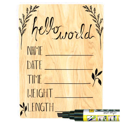 Cohas Hello World Newborn Baby Announcement Sign with Printed Wood Surface, 5 by 7 Inches, Black Marker