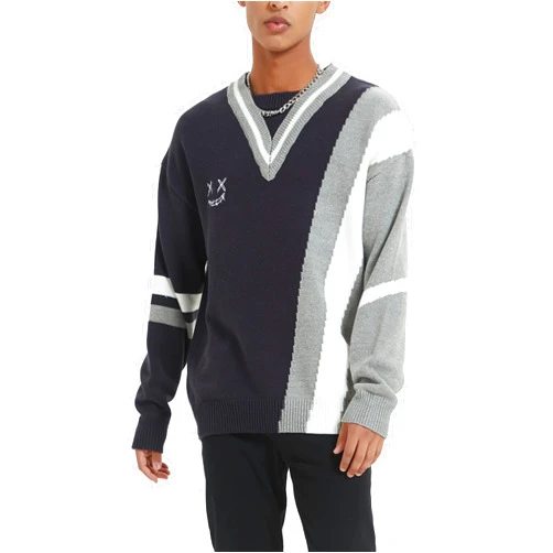 GOLYOY Sweaters for Men Techwear Hip Hop V Neck Sweater Men Casual Oversized Pullover Sweater Patchwork Streetwear Fashion