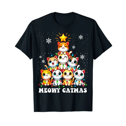 Matching Family Meowy Pajamas Catmas Apparel Gifts Meowy Catmas Funny Christmas Tree Lights Cute Cat Lover Xmas T-Shirt