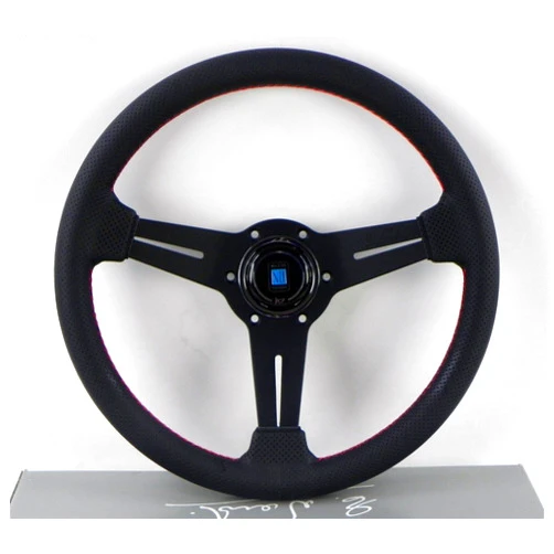 Nardi Steering Wheel - Classic Leather - 330mm (12.99 inches) - Black Perforated Leather with Red Stitching - Black Spokes - Classic Horn Button - Part # 6062.33.2092