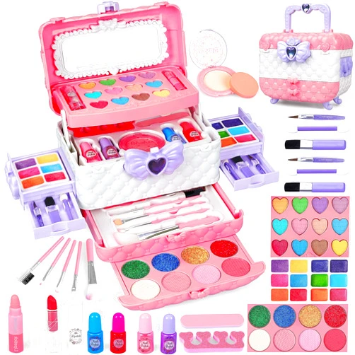 Dpai 54 Pcs Kids Makeup Kit for Girls, Princess Real Washable Pretend Play Cosmetic Set Toys with Mirror, Non-Toxic & Safe, Birthday Gifts for 3 4 5 6 7 8 9 10+Years Old Girls Kids (Pink White)