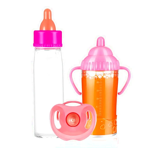 SCOM Magic Juice and Milk Nursing Bottle with Pacifier for Baby Doll Accessories, 3 Piece Pretend Play Feeding Toy Set for Age 4+ (Pink)